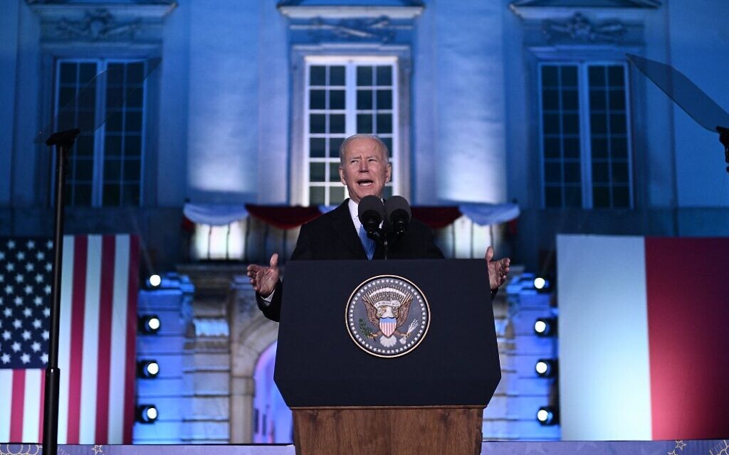 US President Joe Biden delivers a speech at the Royal Castle in Warsaw, Poland, on March 26, 2022. (Brendan Smialowski/AFP)