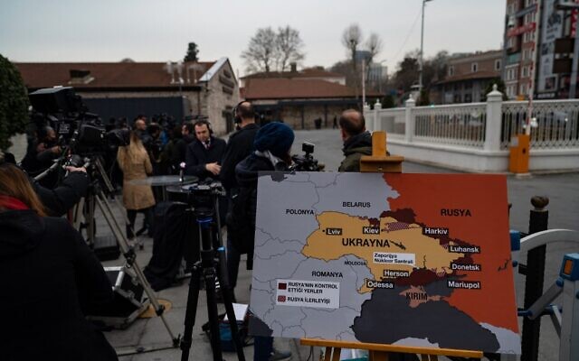 A picture shows a map of Ukraine as media work before a meeting between  Ukrainian and Russian delegations in Istanbul, on March 29, 2022. (Yasin Akgul/AFP)