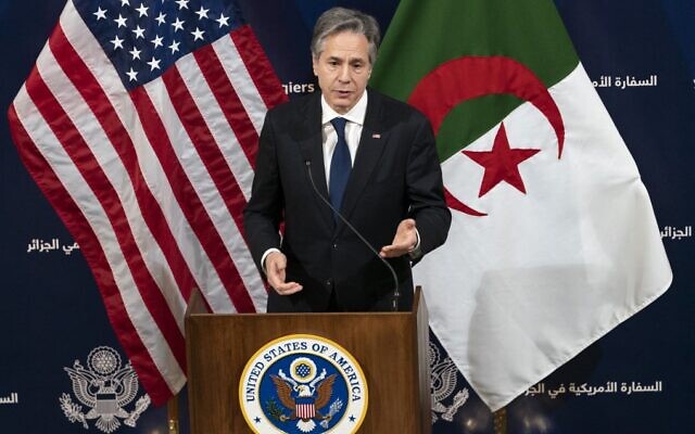 US Secretary of State Antony Blinken speaks to the US Embassy staff, on March 30, 2022, in the Algerian capital Algiers. (Jacquelyn Martin/Pool/AFP)