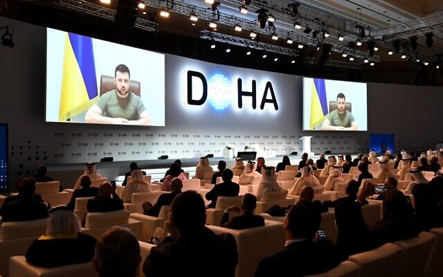 Ukrainian President Volodymyr Zelensky addresses the opening of the Doha Forum in Qatar's capital on March 26, 2022. (AMMAR ABD RABBO / MOFA / DOHA FORUM)