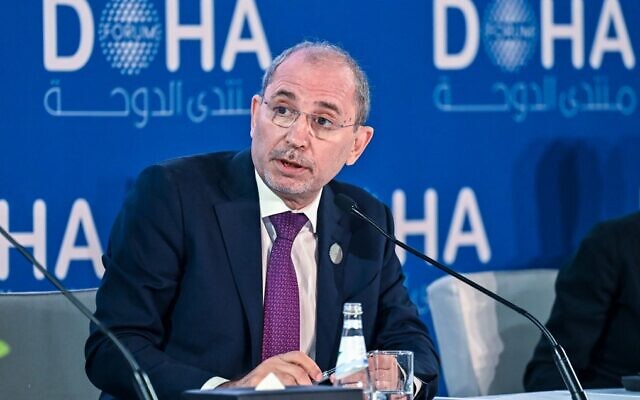 Jordanian Foreign Minister Ayman Safadi addresses a panel at the Doha Forum in Qatar's capital on March 26, 2022. (Ammar Abd Rabbo/MOFA/Doha Forum/AFP)