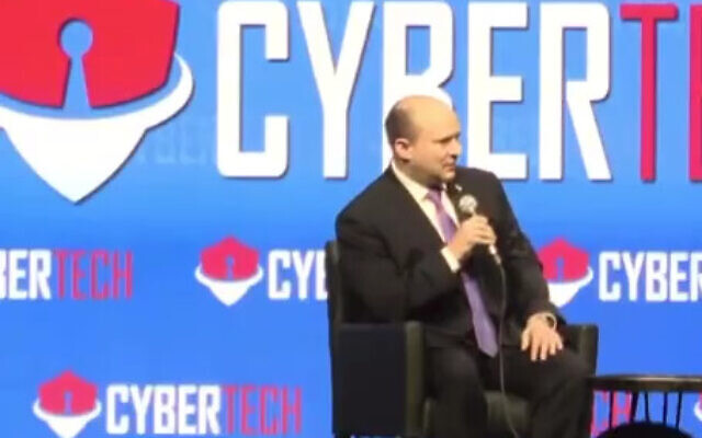 Prime Minister Naftali Bennett speaks at the Tel Aviv’s CyberTech conference, March 3, 2022. (Screenshot: Twitter)
