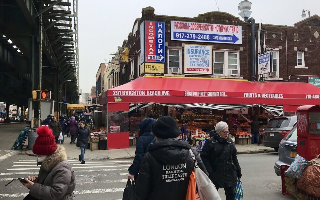 Stores, pharmacies, social services and restaurants serve Russian-speaking immigrants on Brighton Beach Avenue, a popular commercial district that runs parallel to the Coney Island boardwalk in Brooklyn. (Julia Gergely/JTA)