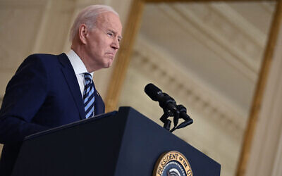 US President Joe Biden makes an address on the Russian invasion of Ukraine in Washington, DC, Feb. 24, 2022. (Brendan Smialowski/AFP via Getty Images/JTA)