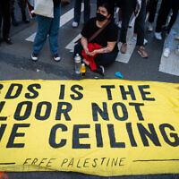 BDS activists in New York City, May 15, 2021. (Luke Tress/Times of Israel)