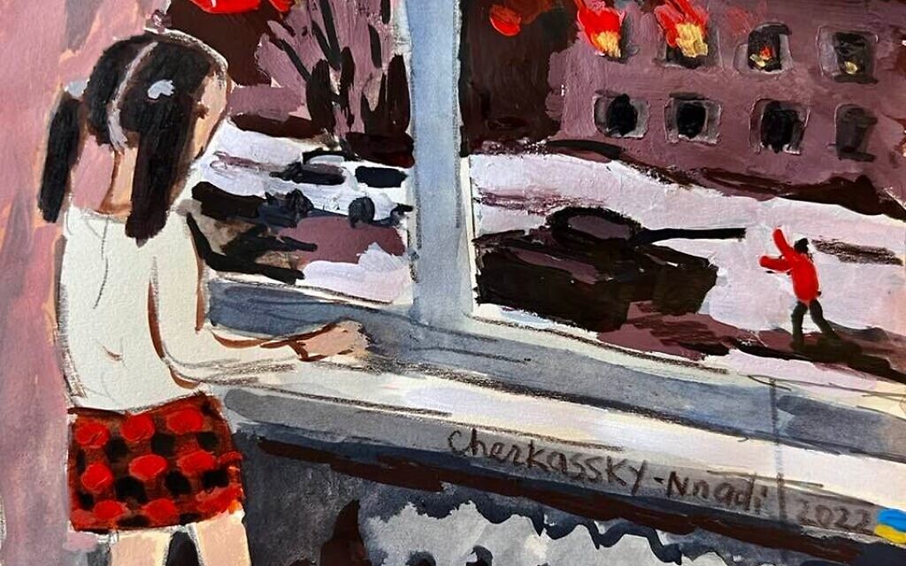 A work by Ukrainian-born Israeli artist Zoya Cherkassky showing the Russian invasion of Ukraine, and sold in 'WithDraw the War: Art Fundraiser for Ukraine,' March 2022 (Courtesy WithDraw the War: Art Fundraiser for Ukraine)