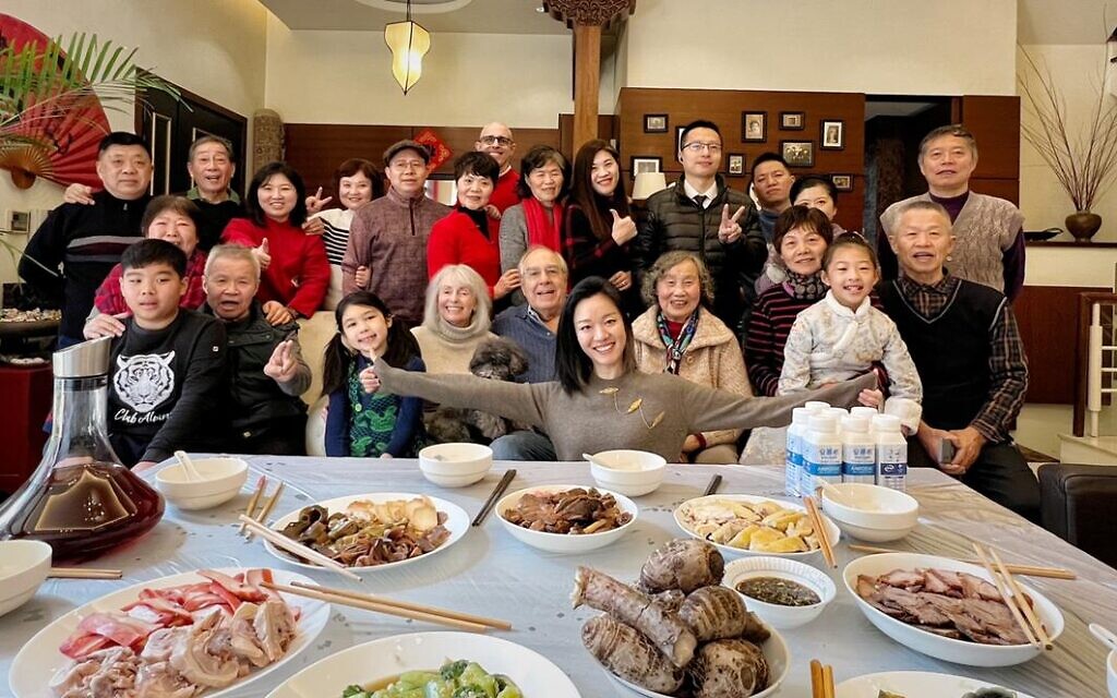 Scott Pollack is shown with his family on the Lunar New Year. He moved his parents, center, who are from California, to Shanghai in 2020 so the family could be closer to one another during the pandemic. (Courtesy of Scott Pollack/ via JTA)
