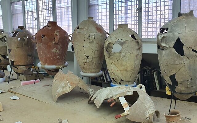 Stage of restoration of the 6th century BCE jars in the laboratories of the Israel Antiquities Authority under restorer Joseph Bocangolz. (Ortal Chalaf/IAA)