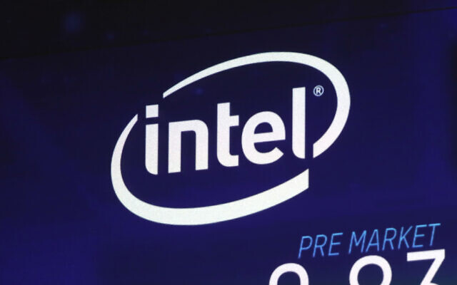 In this Oct. 3, 2018, file photo the Intel logo appears on a screen at the Nasdaq MarketSite, in New York's Times Square. (AP/Richard Drew)