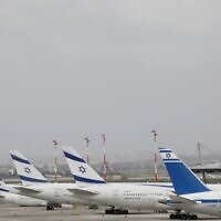 Illustrative: El Al planes are parked at Ben Gurion Airport near Tel Aviv, on March 10, 2020. (AP Photo/ Ariel Schalit/ File)