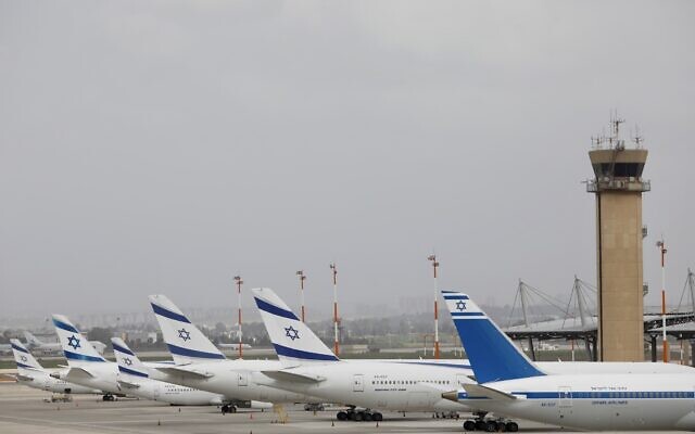 Illustrative. El Al planes are parked at Ben Gurion Airport near Tel Aviv, on March 10, 2020. (AP Photo/ Ariel Schalit/ File)
