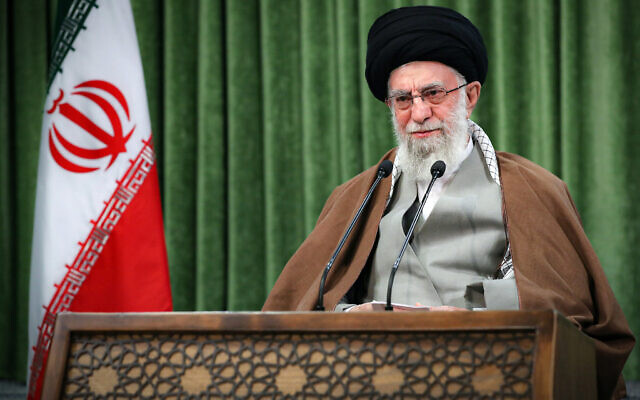 Iranian Supreme Leader Ayatollah Ali Khamenei addresses the nation in a televised speech marking the Iranian New Year, in Tehran, Iran, March 21, 2021. (Office of the Iranian Supreme Leader via AP)