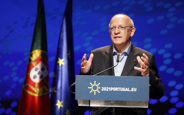 Portugal's Foreign Minister Augusto Santos Silva speaks during a media conference after a meeting of EU foreign ministers in Lisbon, May 27, 2021. (AP Photo/Armando Franca)