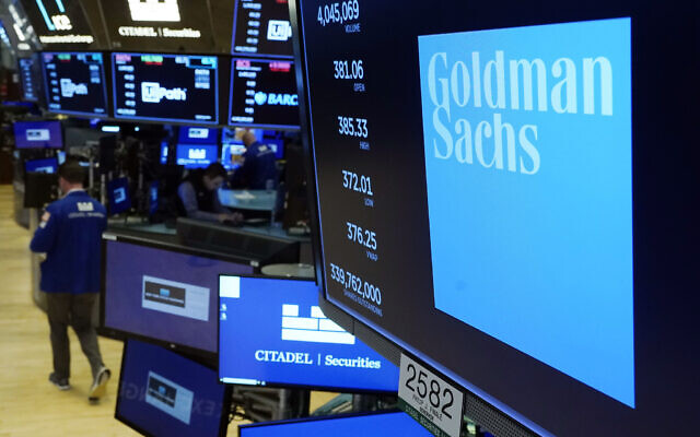 The logo for Goldman Sachs appears above a trading post on the floor of the New York Stock Exchange, on Tuesday, July 13, 2021. (AP Photo/Richard Drew)