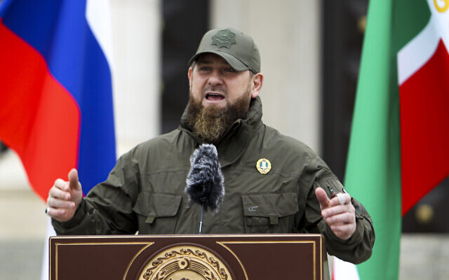 Chechnya's regional leader Ramzan Kadyrov addresses servicemen attending a review of the Chechen Republic's troops and military hardware in Grozny, the capital of the Chechen Republic, Russia, Friday, Feb. 25, 2022.  (AP Photo/Musa Sadulayev)