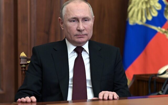Russian President Vladimir Putin addresses the nation at the Kremlin in Moscow, Russia, on February 21, 2022. (Alexei Nikolsky/Sputnik, Kremlin Pool Photo via AP, File)