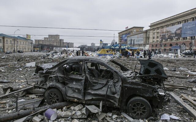 A view of the central square following shelling of the City Hall building in Kharkiv, Ukraine, March 1, 2022. (AP Photo/Pavel Dorogoy)
