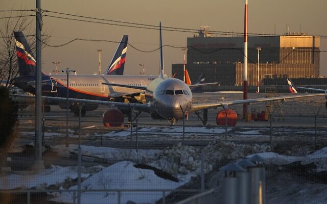 Aeroflot's passengers planes are parked at Sheremetyevo airport, outside Moscow, Russia, on March 1, 2022 (AP Photo/Pavel Golovkin)