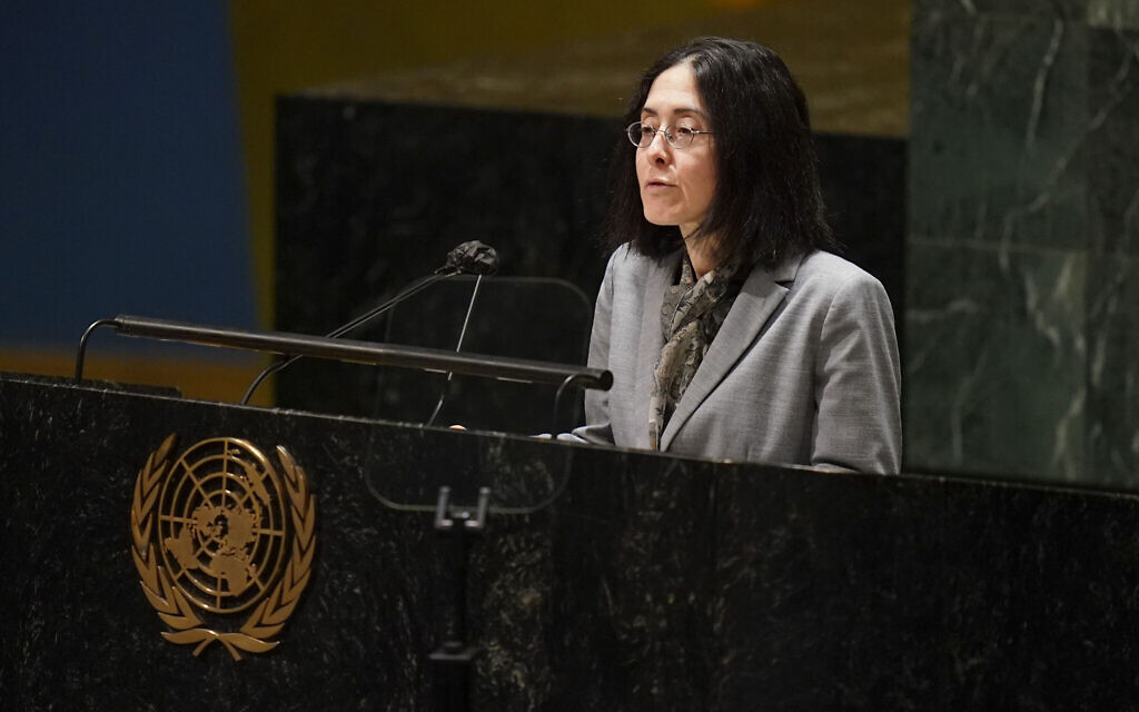 Deputy Ambassador of Israel to the United Nations Noa Furman speaks during an emergency meeting of the General Assembly at United Nations headquarters, on March 1, 2022. (AP Photo/Seth Wenig)