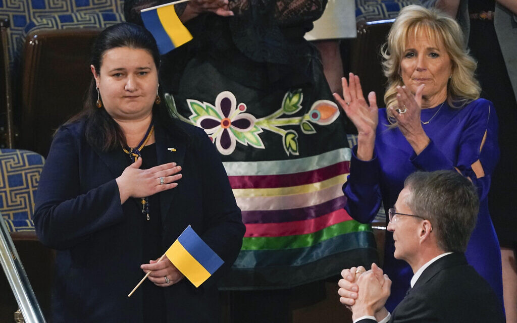 Ukraine Ambassador to the United States, Oksana Markarova, acknowledges President Joe Biden as first lady Jill Biden applauds during his first State of the Union address to a joint session of Congress, at the Capitol in Washington, Tuesday, March 1, 2022. (AP Photo/J. Scott Applewhite, Pool)