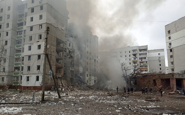A view of the damaged city center after a Russian air raid in Chernigiv, Ukraine, on March 3, 2022. (AP Photo/Dmytro Kumaka)