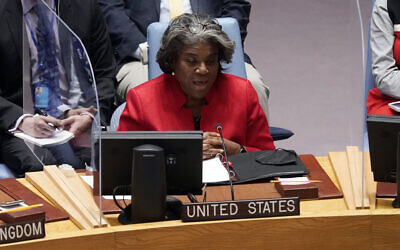 US Ambassador to the UN Linda Thomas-Greenfield addresses the UN Security Council, on March 4, 2022. (AP Photo/Richard Drew)