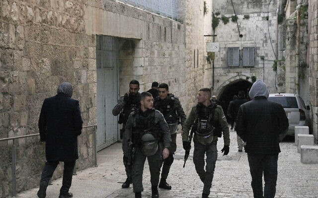 Border Police patrol in the Old City of Jerusalem after a nearby attack, March 6, 2022 (AP Photo/Maya Alleruzzo)