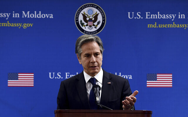 US Secretary of State Antony Blinken delivers remarks to US embassy staff at Novitas in Chisinau, Moldova, March 6, 2022. (Olivier Douliery/Pool Photo via AP)