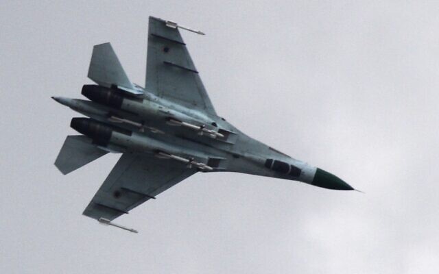 Ukrainian air force Su-27 fighter jet is in the sky outside Slovyansk, 160 kilometers (100 miles) from the Russian border, in eastern Ukraine, on, April 15, 2014. Ukraine's President Volodymyr Zelenskyy has made a “desperate” plea to the United States to help Kyiv get more warplanes to fight Russia's invasion. (AP Photo/Alexander Ermochenko, File)
