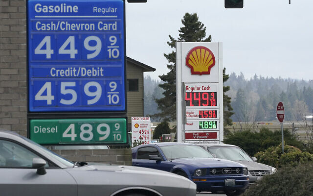 Gas prices are shown on March 7, 2022, in Tumwater, Washington, as the cost of gasoline hit the highest price that American motorists have faced since July 2008. (AP Photo/Ted S. Warren)