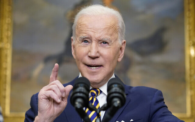 US President Joe Biden announces a ban on Russian oil imports, toughening the toll on Russia's economy in retaliation for its invasion of Ukraine, in the Roosevelt Room at the White House in Washington,  DC, on March 8, 2022. (Andrew Harnik/AP)