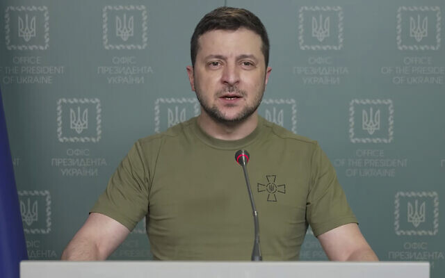 In this image from video provided by the Ukrainian Presidential Press Office and posted on Facebook, Ukrainian President Volodymyr Zelensky speaks in Kyiv, Ukraine, on Wednesday, March 9, 2022. (Ukrainian Presidential Press Office via AP)