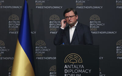 Ukraine's Foreign Minister Dmytro Kuleba listens to journalists during a news conference, in Antalya, Turkey, March 10, 2022. (AP Photo)