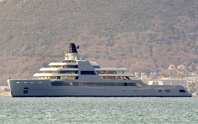 A view of Russian-Jewish tycoon Roman Abramovich's superyacht Solaris anchored in Tivat, Montenegro, March 12, 2022. (AP Photo/Risto Bozovic)