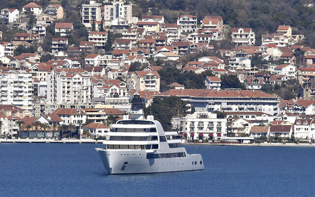 A view of Russian-Jewish tycoon Roman Abramovich's superyacht 'Solaris,' anchored in Tivat, Montenegro, March 12, 2022. (AP Photo/Risto Bozovic)