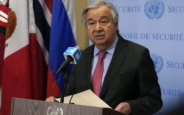 Illustrative: United Nations Secretary-General Antonio Guterres makes a statement outside the Security Council at UN headquarters, March 14, 2022. (Richard Drew/AP)