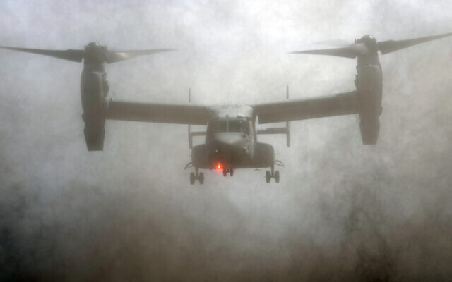Illustrative: An MV-22 Osprey participates during a joint military helicopter borne operation drill between Japan Ground Self-Defense Force (JGSDF) and US Marines at Higashi Fuji range in Gotemba, southwest of Tokyo, Tuesday, March 15, 2022. (AP Photo/Eugene Hoshiko)