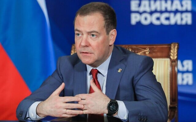 Russian Security Council Deputy Chairman and the head of the United Russia party Dmitry Medvedev chairs a meeting on saving businesses and jobs in foreign companies via video link at Gorki state residence, outside Moscow, Russia, on March 16, 2022. (Yekaterina Shtukina, Sputnik, Government Pool Photo via AP)
