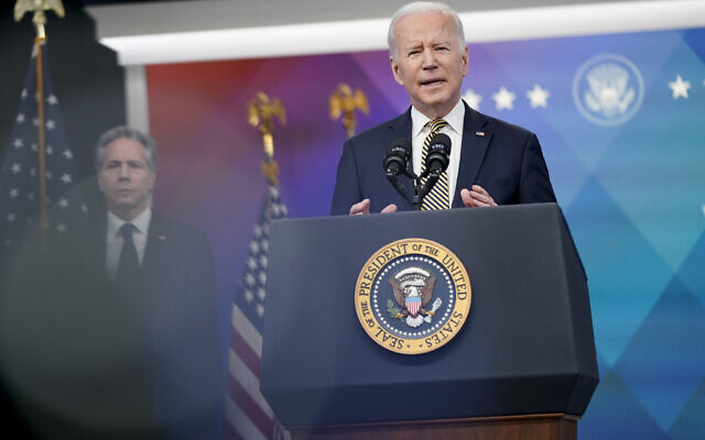 US President Joe Biden speaks about additional security assistance that his administration will provide to Ukraine in the South Court Auditorium on the White House campus in Washington, DC, on March 16, 2022. (Patrick Semansky/AP)