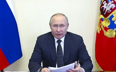 In this photo taken from video released by the Russian Presidential Press Service, Russian President Vladimir Putin speaks via videoconference at the Novo-Ogaryovo residence outside Moscow, Russia, on March 16, 2022. (Russian Presidential Press Service via AP, File)