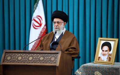 Iranian Supreme Leader Ayatollah Ali Khamenei speaks in a televised New Year speech, in Tehran, Iran, on March 21, 2022. (Office of the Iranian Supreme Leader via AP)