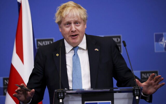 British Prime Minister Boris Johnson speaks during a press conference following a special meeting of NATO leaders in Brussels, Belgium, on March 24, 2022. (Henry Nicholls/Pool via AP)