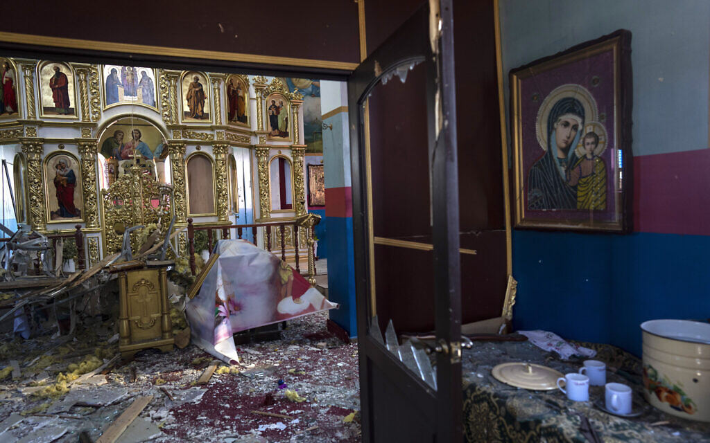 Damage is seen inside a Ukrainian Orthodox Church in Yasnogorodk, a rural town where the Ukrainian army stopped the advance of the Russian army, outskirts of Kyiv, Ukraine, March 25, 2022. (AP Photo/ (AP Photo/Rodrigo Abd)