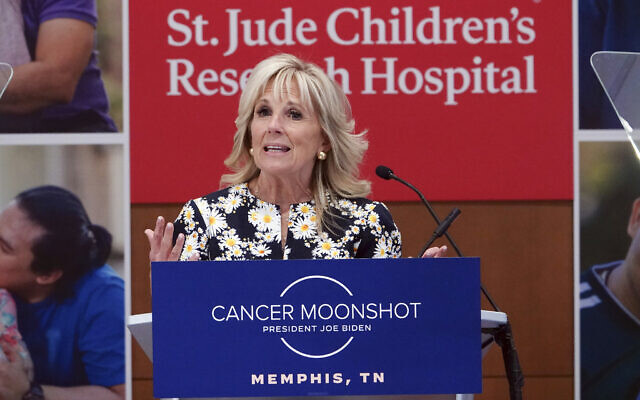 US First lady Jill Biden speaks as she visits the St. Jude Children's Research Hospital, Friday, March 25, 2022, in Memphis, Tenn. (AP Photo/Karen Pulfer Focht)