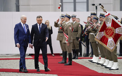 US President Joe Biden participates in an arrival ceremony with Polish President Andrzej Duda at the Presidential Palace, on Saturday, March 26, 2022, in Warsaw. (AP/Evan Vucci)