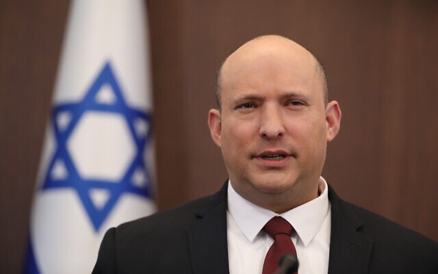 Prime Minister Naftali Bennett, chairs a cabinet meeting at the Prime Minister's Office in Jerusalem, on March 27, 2022. (Abir Sultan/Pool via AP)