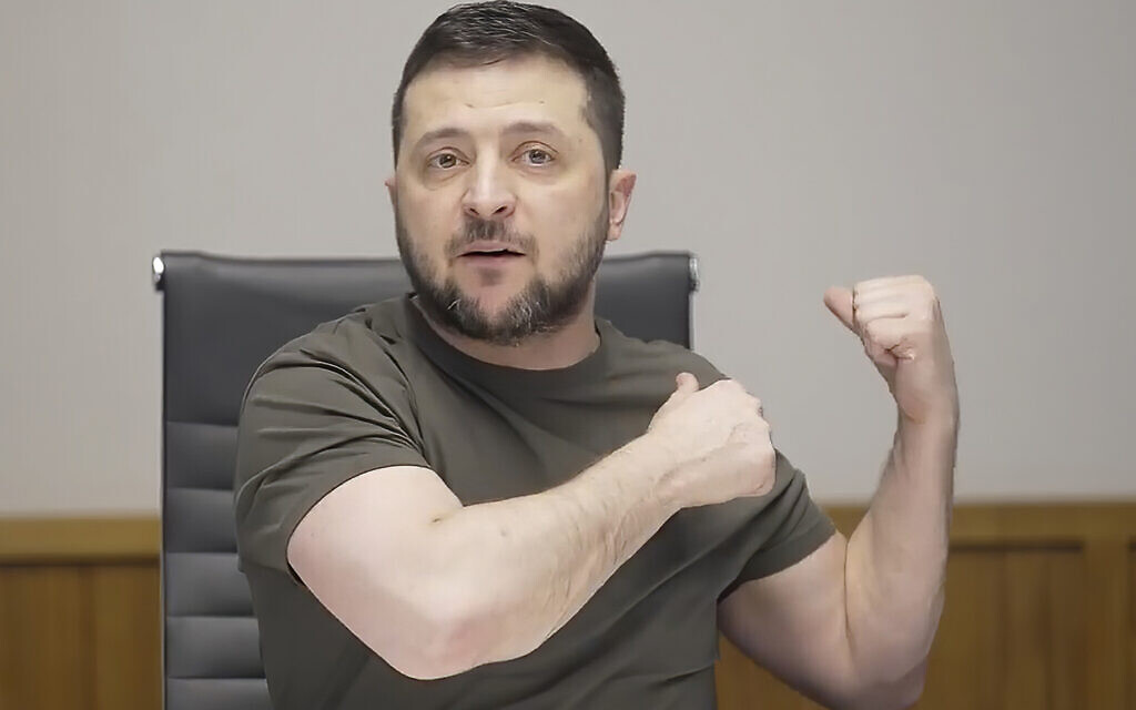 In this image from video provided by the Ukrainian Presidential Press Office, Ukrainian President Volodymyr Zelensky speaks during an interview with independent Russian news media from Kyiv, Ukraine, March 27, 2022. (Ukrainian Presidential Press Office via AP)