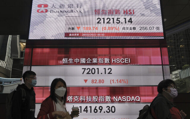 People walk past a bank's electronic board showing the Hong Kong share index in Hong Kong, March 28, 2022. (AP Photo/Vincent Yu)