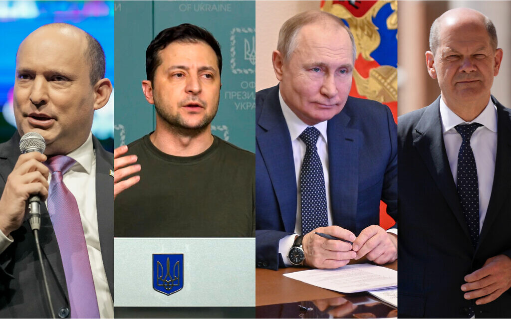 Prime Minister Naftali Bennett; Ukrainian President Volodymyr Zelensky; Russian President Vladimir Putin; and German Chancellor Olaf Scholz. (Composite/AP)