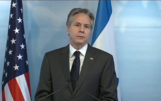 US Secretary of State Antony Blinken at a press conference in Jerusalem, March 27, 2022 (Screen grab)
